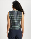 Model wears a Navy, green and blue checked button down Waistcoat