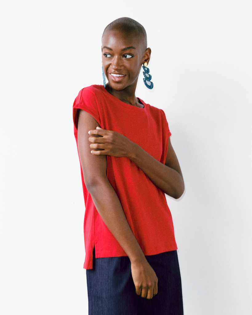  Dorsu Poppy Red Rolled Sleeve Top 