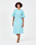 Model wears Billy linen dress celeste