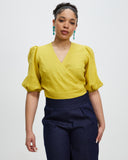 Model wears Chartreuse Linen Crush Wrap Top