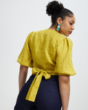 Model wears Chartreuse Linen Crush Wrap Top