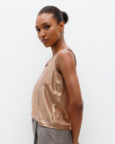 Model wears liquid Gold Scoop Camisole