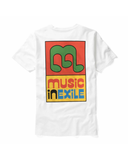White t-shirt with colourful  Music in Exile logo on a white background