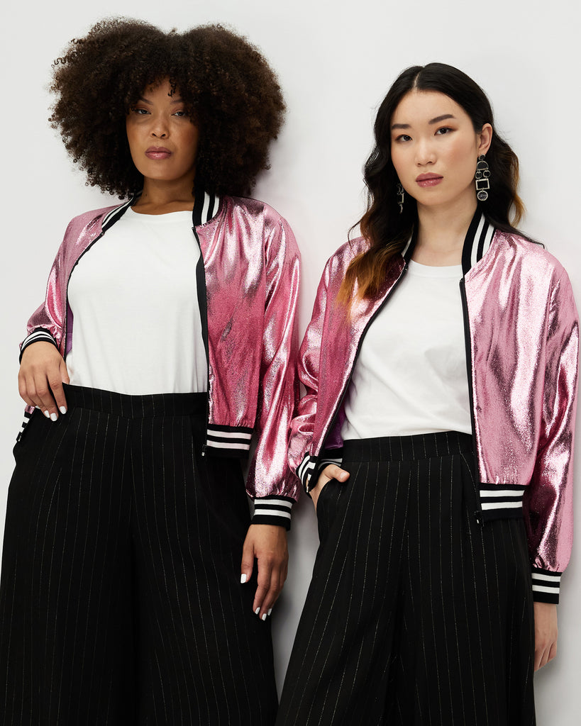 Models Wear Rose Shimmer Aviator Jacket