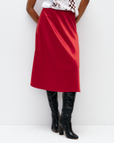 Model wears Ruby Red Bias Cut Skirt