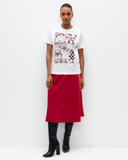 Model wears Ruby Red Bias Cut Skirt