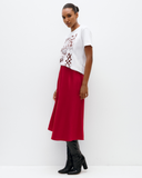 Model wears Ruby Red Bias Cut Skirt