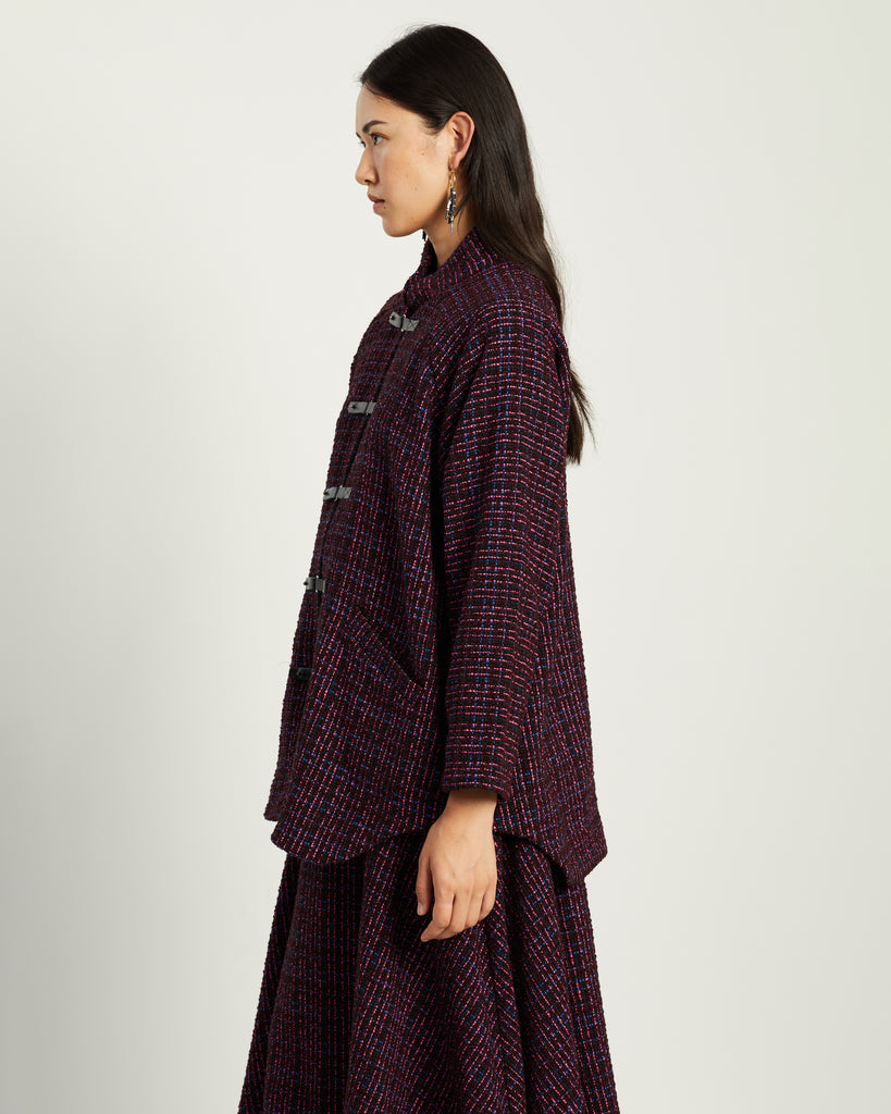 Model wears Magenta Tweed Anorak Coat
