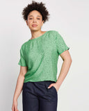 woman wearing green cheetah print with sleeves on top of indigo denim culottes