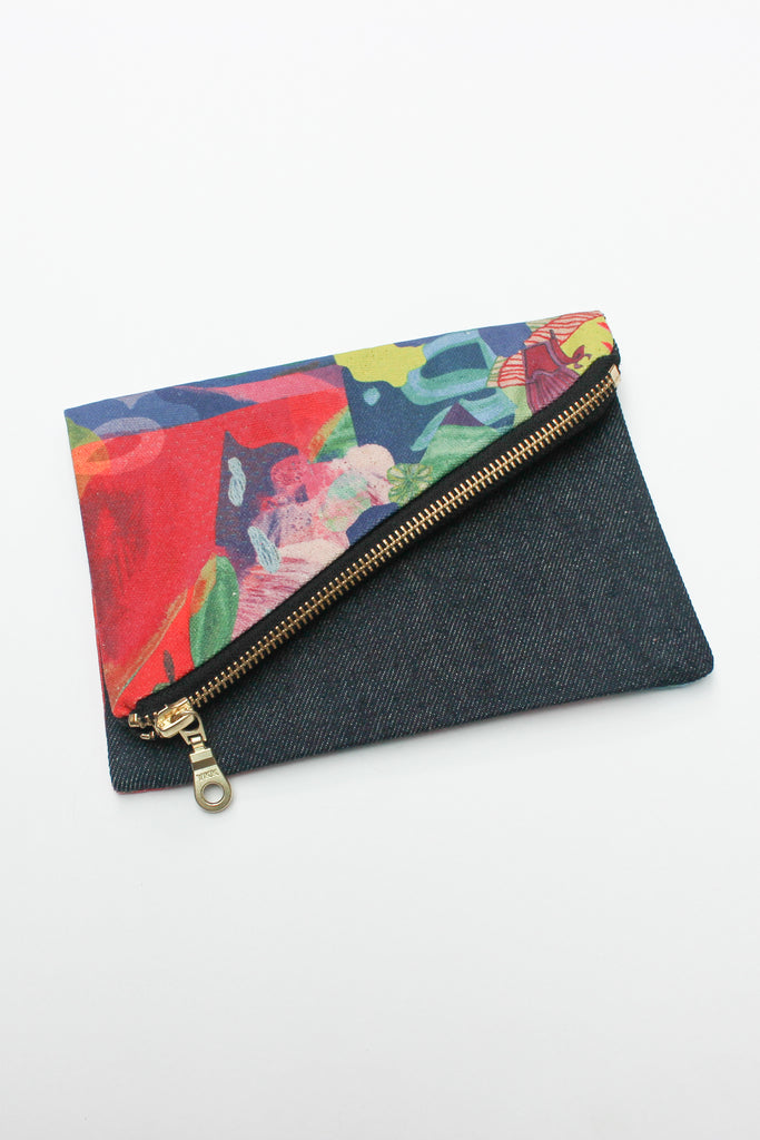 multi-coloured organic cotton canvas purse spliced with remnant denim and strap