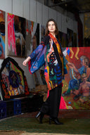 Model wears Wendy Sharpe Print limited edition jacket 