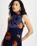 Model wears Silk Square Scarf in Nour around neck