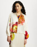 Model wears Silk modern aviator jacket in Diya.