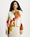 Model wears Silk modern aviator jacket in Diya.