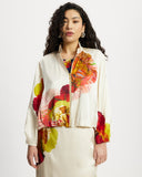 Model wears Silk modern aviator jacket in Diya.