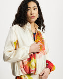 Model wears Silk modern aviator jacket in Diya.