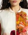 Model wears Silk modern aviator jacket in Diya.