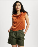 Model wears Cowl Draped Top in sunset 
