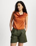 Model wears Cowl Draped Top in sunset 