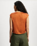 Model wears Cowl Draped Top in sunset 