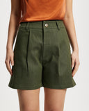 Khaki Denim cropped Bermuda shorts worn by a person on a white background