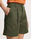 Khaki Denim cropped Bermuda shorts worn by a person on a white background