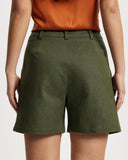 Khaki Denim cropped Bermuda shorts worn by a person on a white background
