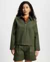 Woman wearing Khaki Denim Workwear Jacket and shorts set 