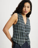 Model wears a Navy, green and blue checked button down Waistcoat 