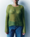 Person wearing a green sweater and blue jeans against a plain background