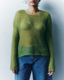 Person wearing a green sweater and blue jeans against a plain background