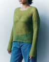 Person wearing a green sweater and blue jeans against a plain background