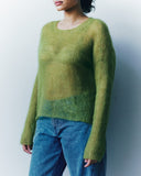 Person wearing a green sweater and blue jeans against a plain background