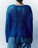 Person wearing a blue sweater against a white background