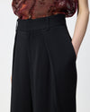 close up of black pleated pants waistband