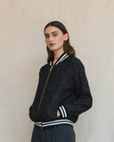 Model wears Aviator Jacket - Dark Navy Lace