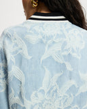 Model wears aviator in light denim with white floral large scale pattern.