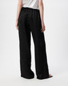 A model shown from the back wearing black wide-leg trousers with a subtle textured pattern, paired with a white top and black sandals, against a plain white studio background.