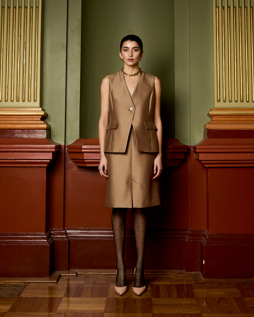 Model wears Burnt Sugar Pencil Skirt