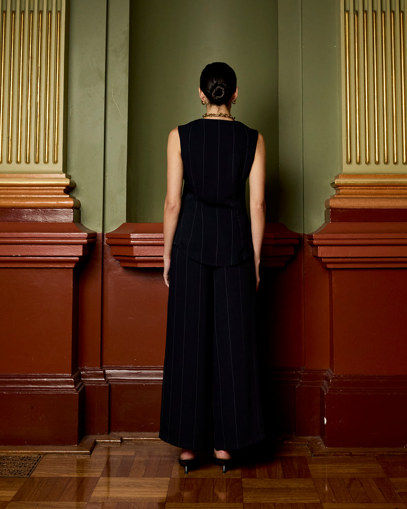 Model wears Navy Pinstripe Culottes