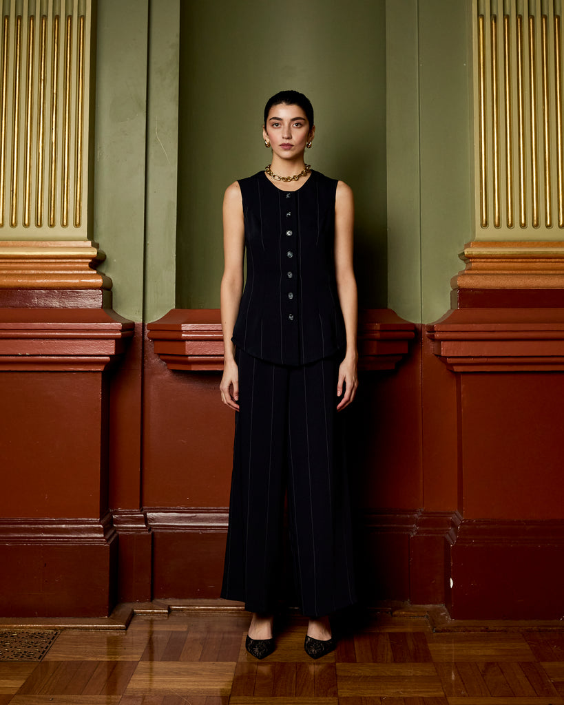 Model wears Navy Pinstripe Culottes