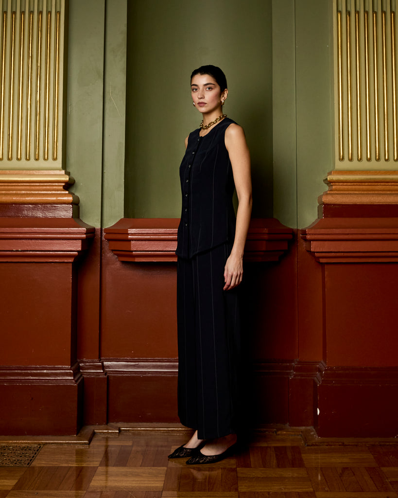 Model wears Navy Pinstripe Culottes