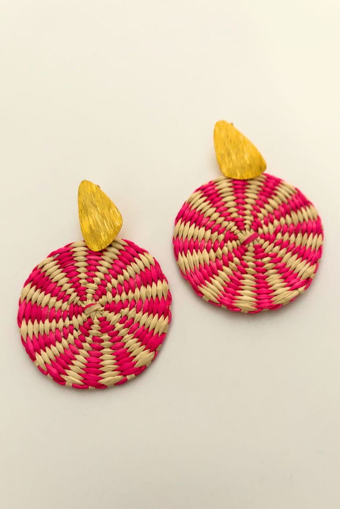 Casa Bonita Iraca Palm Statement Earrings - Pink/ Natural