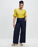 Model wears Chartreuse Linen Crush Wrap Top