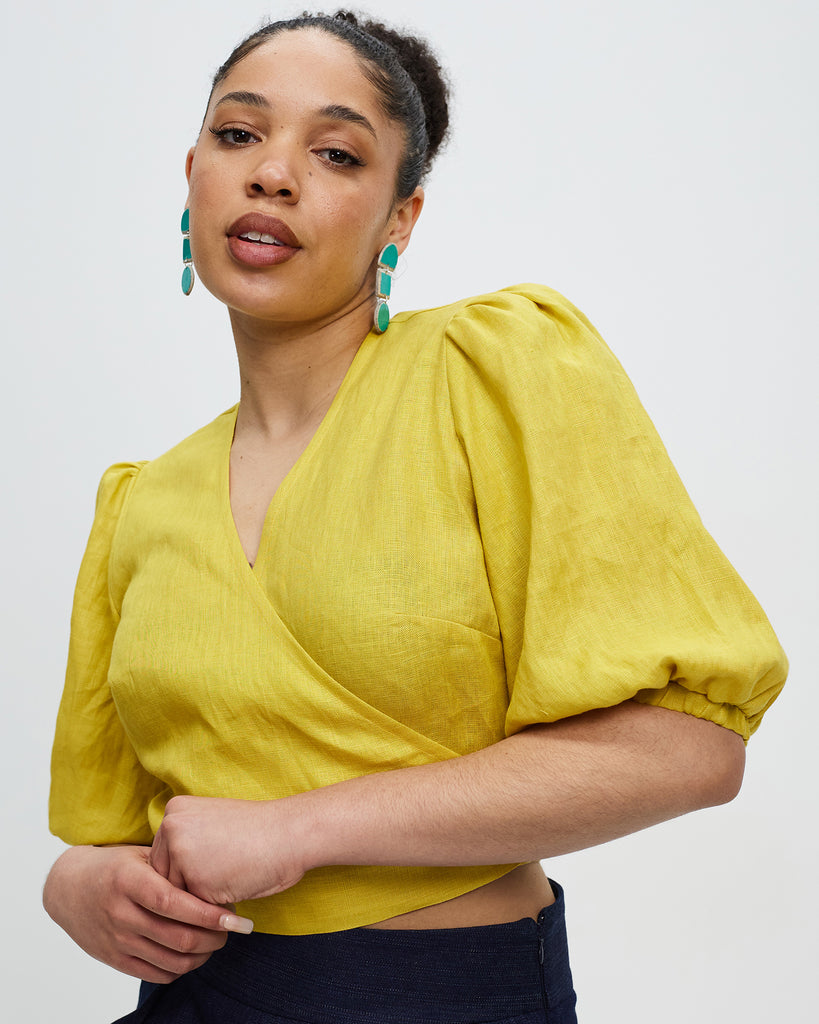 Model wears Chartreuse Linen Crush Wrap Top