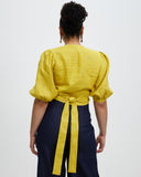 Model wears Chartreuse Linen Crush Wrap Top