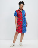 Model wears red and blue spliced Cheetah shirt dress
