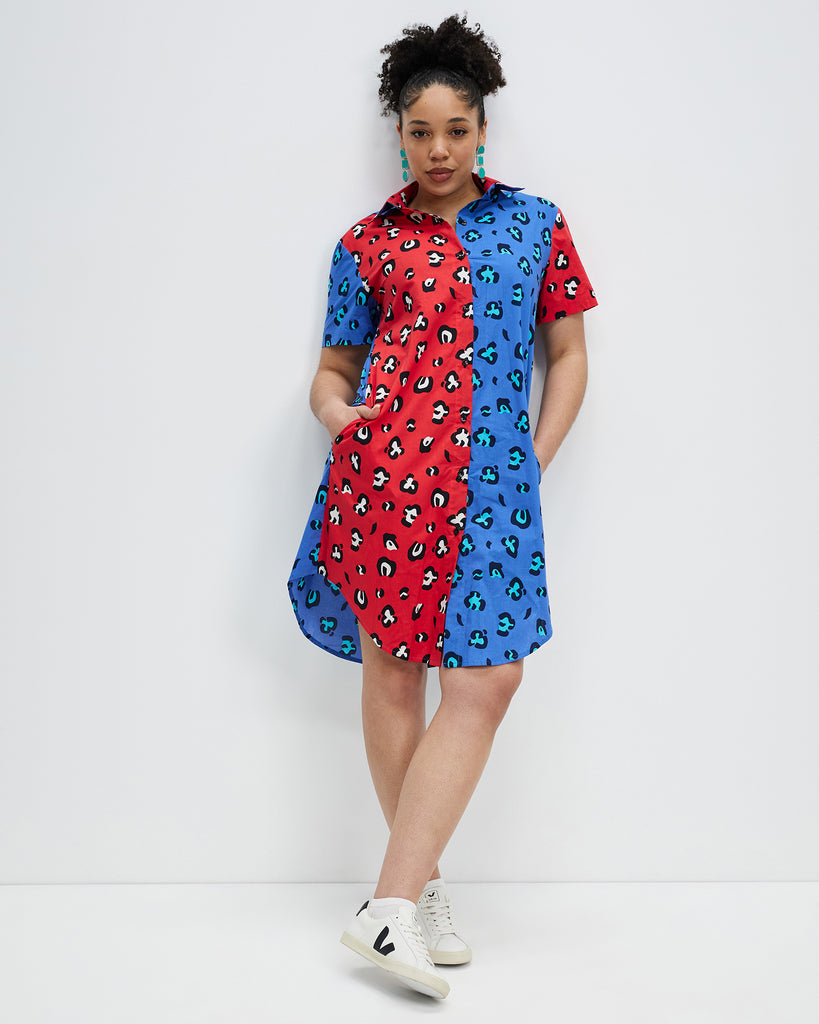 Model wears red and blue spliced Cheetah shirt dress
