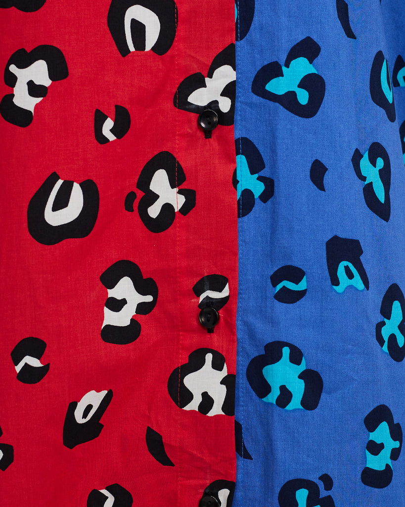 Close up of spliced red and blue cheetah fabric