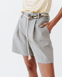 Gray shorts with a belt and rope detail on a white background